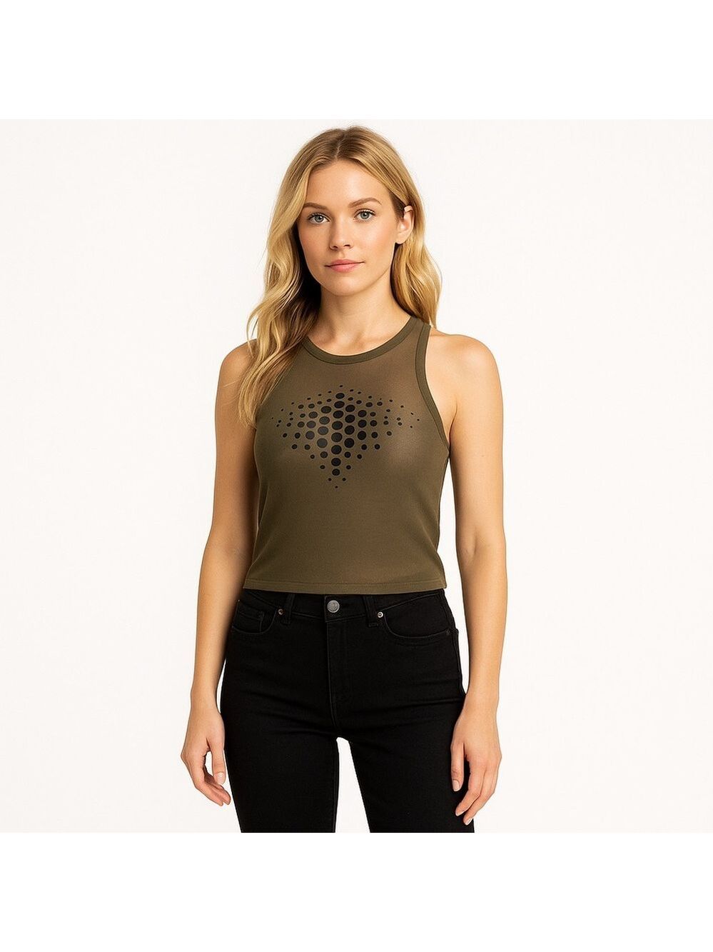 Women’s Olive Green Mesh Sleeveless Tank Top Activewear Yoga Gym Running Pilates